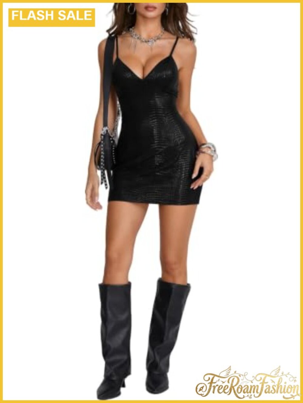 PU Leather Crocodile Mini Cami Bodycon Dress Backless Club Party